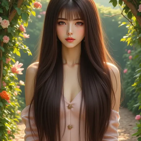 （  top quality with full nudity behind 。  highest resolution 。  super realistic photo  。  full body portrait in front of  。）  There is a beautiful woman with very long hair  。 More beautiful than a beautiful actress 。  beautiful young women 。  in a garden ...