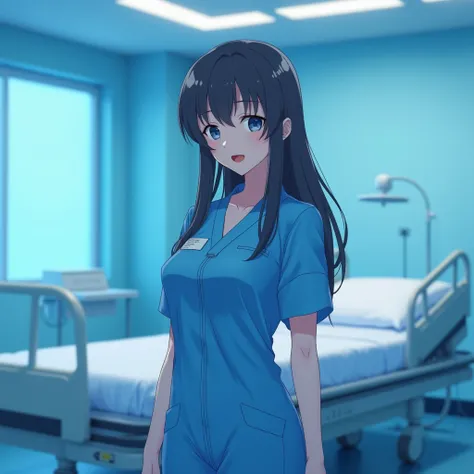 An anime nurse in blue latex jumpsuit, with a hospital background and patient bed in treatment.  A beautiful girl with long hair and red lips in a blue room, in a photorealistic style.  soft light,  high resolution ,  high quality,  High details , high sha...