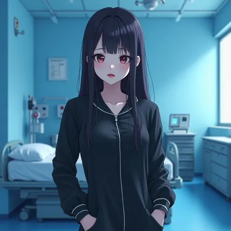 An anime nurse in black latex jumpsuit, with a hospital background and patient bed in treatment.  A beautiful girl with long hair and red lips in a blue room, in a photorealistic style.  soft light,  high resolution ,  high quality,  High details , high sh...