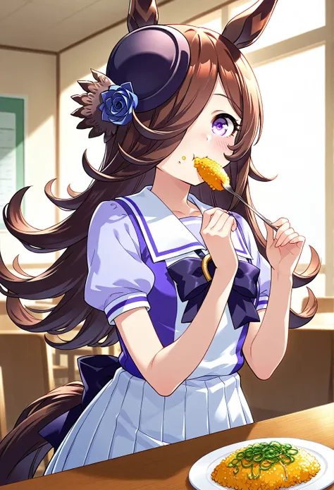 deTailed eyes,     girl,     rice shower  (Uma Musume),     horse ears,   animal ears,     Her hair is down until she covers her eyes, horse Tail,   horse    girl , Tail, length、Having a meal、Eating at the table、