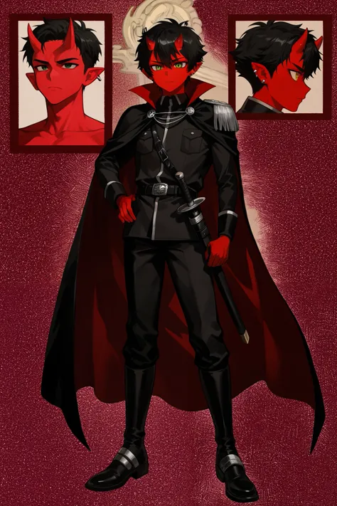  Anime panel ,Oni 18 year old boy, Korean, red skin ,angular face,  hair police clothing is characterized by a voluminous and textured top, , shaved or shorter sides and an elongated back., defined body, brinco e piercings,small pointy ears, Green and seri...