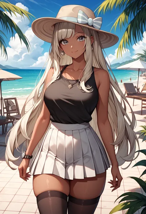 Solo, 1girl, large breasts, thick thighs, pokemonselene, platinum blonde hair, (grey eyes), floorh4ir, absurdly long hair, straight hair, long bangs, bangs, outdoors, tropical beach, city boulevard, sunny, skinny, collarbone, (white miniskirt), pleated ski...