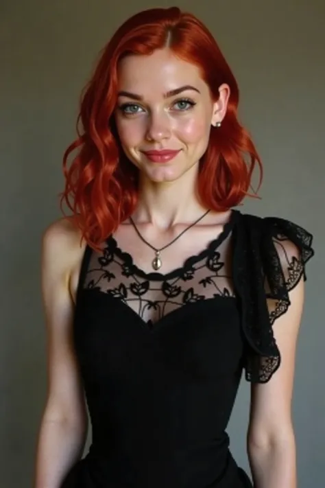 A young woman with striking red hair is elegantly dressed in a black top and skirt. Her outfit features a black lace top that adds a touch of sophistication to her look. The woman exudes confidence as she poses for the camera, showcasing her unique sense o...