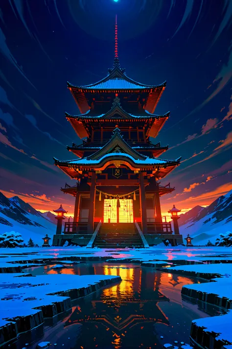 masterpiece, concept art, centered, photography, wide shot, ice world,Japanese temple made of ice, cold, winter, night, (epic composition, epic proportion), HD