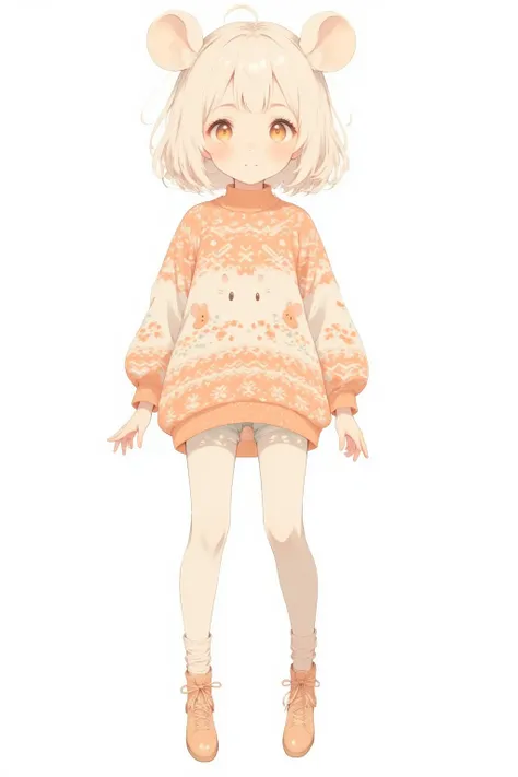 (masterpiece, best quality, ultra-detailed), a cute hamster girl, "Hamuko-chan", wearing a Nordic-style sweater with hamster motifs, cream-colored short hair, hamster ears, soft pastel colors, cheerful expression, fluffy and cozy clothing, standing in a dy...