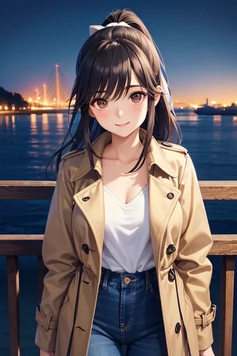 Takane Manaka, shiny brown long hair, ponytail with white ribbon, beautiful brown eyes, smiling face, sparkling pupils, (fine grain), highly detailed eyes, highly detailed face, highly detailed eyes,, (masterpiece:1.2, best quality), 1 girl, cowboy shot,, ...