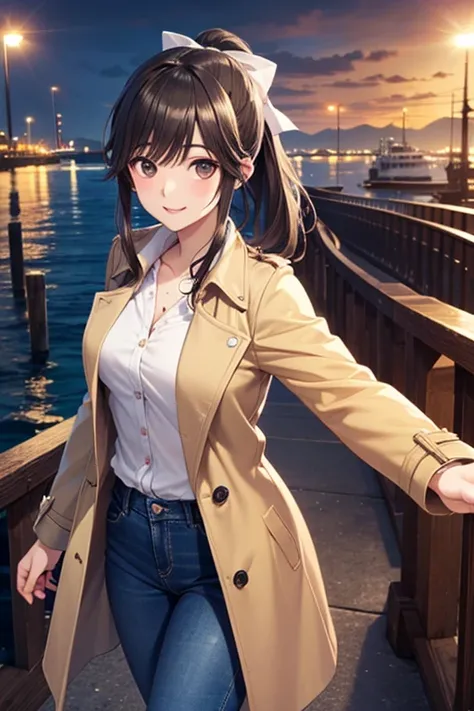 Takane Manaka, shiny brown long hair, ponytail with white ribbon, beautiful brown eyes, smiling face, sparkling pupils, (fine grain), highly detailed eyes, highly detailed face, highly detailed eyes,, (masterpiece:1.2, best quality), 1 girl, cowboy shot,, ...