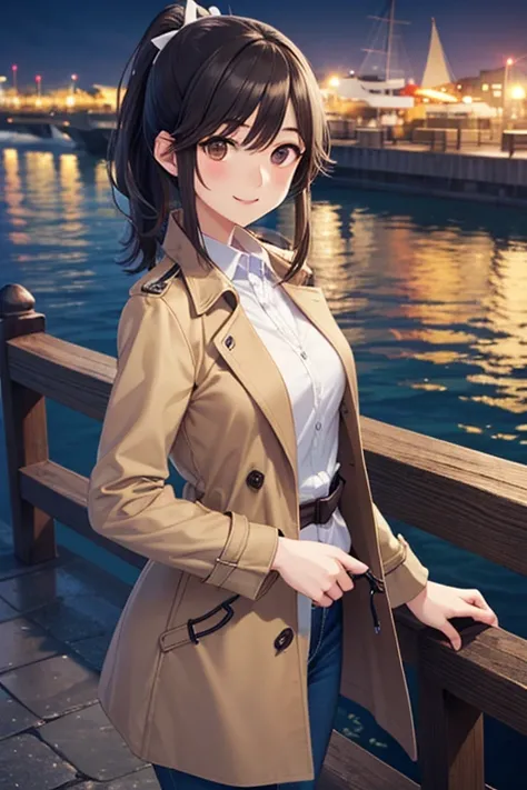 Takane Manaka, shiny brown long hair, ponytail with white ribbon, beautiful brown eyes, smiling face, sparkling pupils, (fine grain), highly detailed eyes, highly detailed face, highly detailed eyes,, (masterpiece:1.2, best quality), 1 girl, cowboy shot,, ...