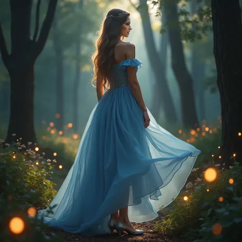 cindirella. A beautiful woman with long flowing hair, vestido azul strapless con manga caída, ((a delicate glass slipper on her foots)), standing in a enchanting forest with magical glowing fireflies, cinematic lighting, highly detailed, photorealistic, 8k...