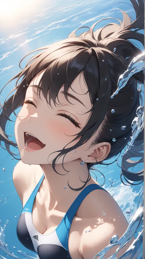 ((masterpiece, best quality, extremely detailed:1.3, absurdres, very aesthetic, amazing quality, Beautiful light)), Poolside, 1woman, competitive swimsuit, upper body above water, showing back, leaning back, Close eyes, Tilt chin, open mouth slightly, BREA...