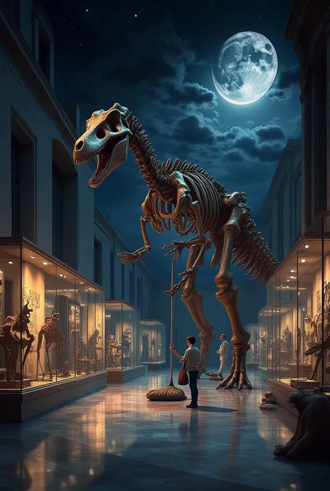 In the serene quiet of a nighttime museum, a towering dinosaur skeleton stands with a mop in hand, carefully wiping the floor. Display cases glow softly, highlighting the detailed artworks inside, while moonlight filters through large windows, casting an e...