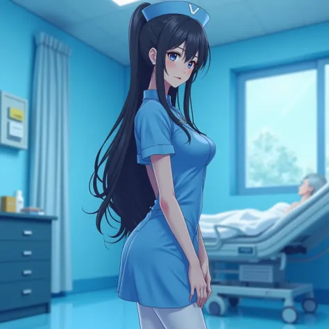 An anime nurse in a blue latex dress and white pants, with a hospital background and patient bed in treatment.  A beautiful girl with long hair and red lips in a blue room, in a photorealistic style.  soft light,  high resolution ,  high quality,  High det...