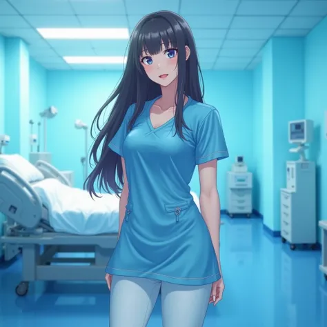 An anime nurse in a blue latex dress and white pants, with a hospital background and patient bed in treatment.  A beautiful girl with long hair and red lips in a blue room, in a photorealistic style.  soft light,  high resolution ,  high quality,  High det...