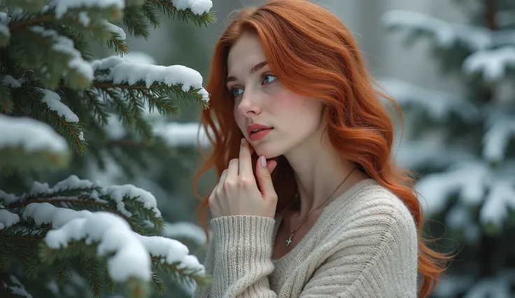 (photorealism:1.2), "A young woman with bright red hair and soft features stands among snow-dusted evergreen branches, her expression serene and introspective. She wears a patterned winter sweater, blending harmoniously with the wintry landscape. Her hand ...