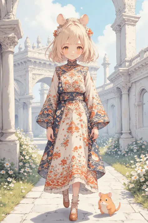 In the midst of a majestic ancient city, a girl walks, her presence commanding awe among the old stones and arches that tell tales of heroes long forgotten. (Hamuko-chan: draped in garments that flow like waterfalls, her eyes vivid as the sky at dawn) At h...