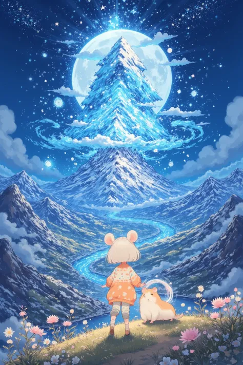 In a realm where the boundaries of reality and fantasy blur, a young girl stands on a hill, overlooking a valley bathed in blue moonlight. (Hamuko-chan: adorned in attire that seems woven from the dreams of starlight, her demeanor calm and knowing) Next to...