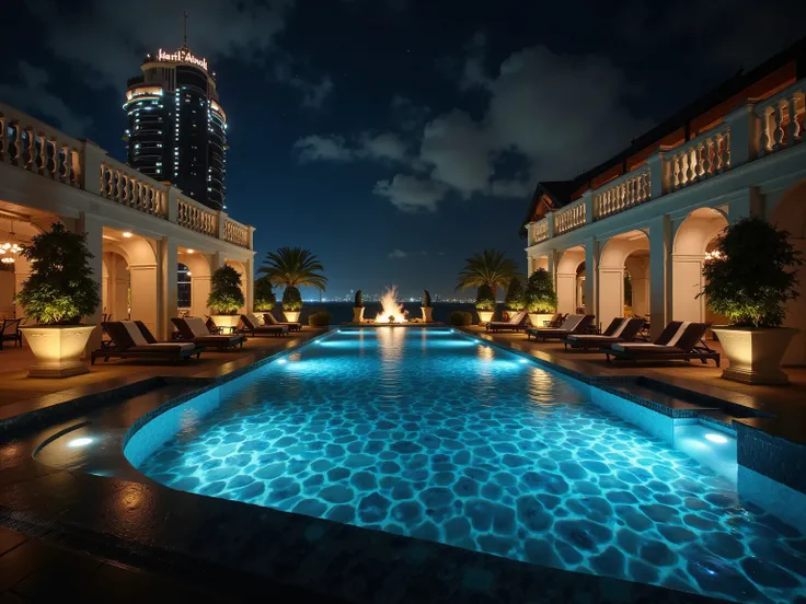 A realistic long exposure photograph of an empty, opulent infinity pool atop a skyscraper at night, illuminated by vibrant, intensified underwater glowing lights. The water shimmers with radiant hues, casting mesmerizing reflections across the pool’s luxur...