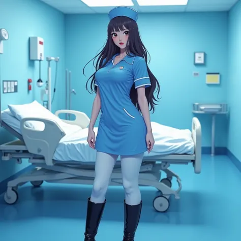 An anime nurse in a blue latex dress and white pants black patent boots, with a hospital background and patient bed in treatment.  A beautiful girl with long hair and red lips in a blue room, in a photorealistic style.  soft light,  high resolution ,  high...