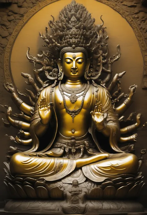  Golden Giant  ,  eyes opening ,Ojos Dorados , ( implacable face ),  hands together in prayer position ,monochrome background,  grayscale,Shiva \(dios hindú Shiva\),  shiny golden figure on background  , ringed eyes,  lotus potion meditating ,  statue of a...