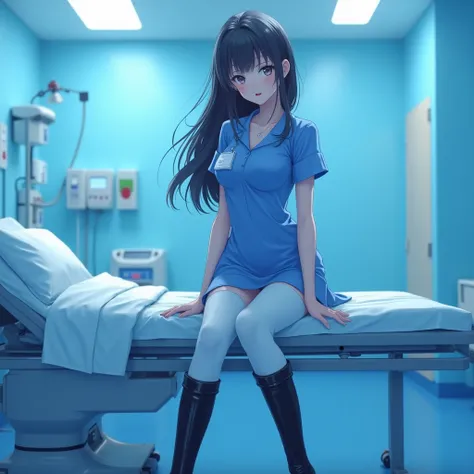 An anime nurse in a blue latex dress and white pants black lacquer over the knee boots, with a hospital background and patient bed in treatment.  A beautiful girl with long hair and red lips in a blue room, in a photorealistic style.  soft light,  high res...