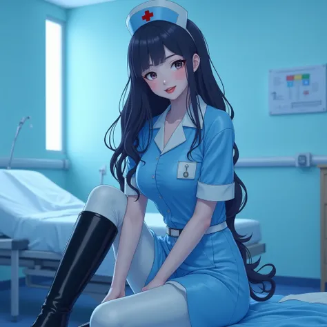 An anime nurse in a blue latex dress and white pants black lacquer over the knee boots, with a hospital background and patient bed in treatment.  A beautiful girl with long hair and red lips in a blue room, in a photorealistic style.  soft light,  high res...