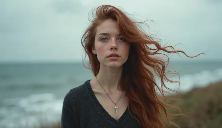 (photorealism:1.2), "A young woman with wavy, auburn hair stands by the sea on a cloudy, windswept day. She wears a dark sweater, and her thoughtful expression reflects quiet contemplation and spiritual reflection. The wind gently moves her hair across her...