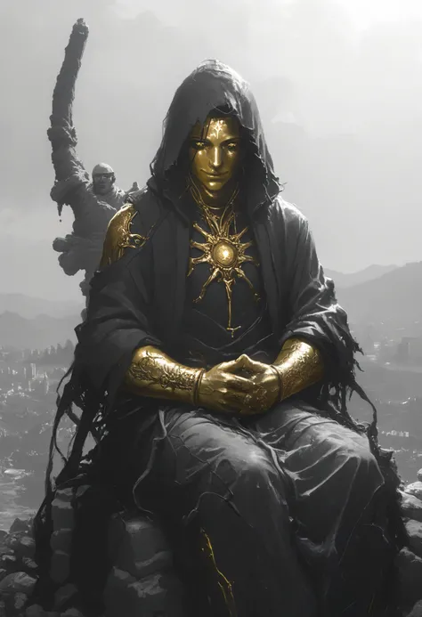  Golden Giant  ,  eyes opening ,Ojos Dorados , ( implacable face ),  hands together in prayer position ,monochrome background,  grayscale,Shiva \(dios hindú Shiva\),  shiny golden figure on background  , ringed eyes,  lotus potion meditating ,  statue of a...