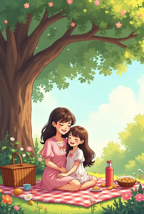 Acozy outdoor picnic setting under a large tree with blooming flowers.  * A mother and daughter sitting on a checkered picnic blanket, enjoying quality time together. for my coloring book  