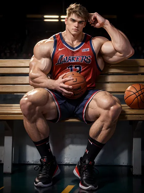  basketball player、 wearing a basketball uniform，basketball court、 is sitting on a bench、Wear high socks，Broad shoulders ,Very strong,  muscular，tall young male , Muscle Man， pretty face， full body shot、basketball shoes、 holding hands behind the head 、I'm ...