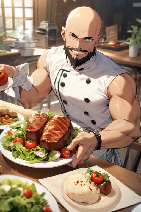 Chef dressed in white ,  sleeveless shirt, bald man with ram's horns , with beard,  holding a knife in his right hand ,  a tomato levitating magic on his left hand, fixed look at the camera with a smile,  a table with salad and roasted meat .