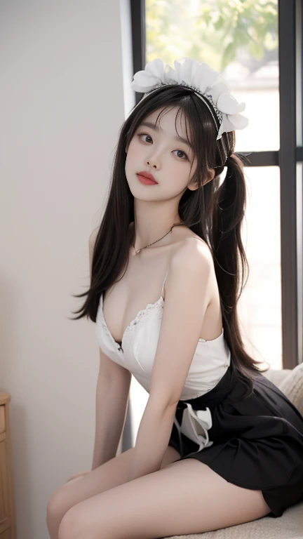 black  high averages ,dress,hitman,maid,maid headdress, high averages , ((Knee shot)), (( visible neckline)), ((E-cup)), ((Valley type I)), (( warm colors)), A beautiful woman sitting in a chair， elegant stance ，slender figure。Her legs are thin and straigh...