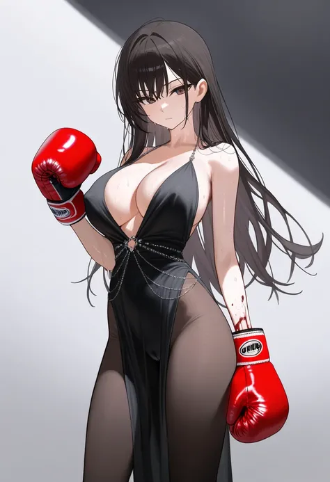 A boxing girl ，Slim, The most open cut dress,  real boxing gloves ,  Ultra HD, Retina,  masterpiece, Curation, 解剖学上正确,  textured skin,  Super Details,  height details, high quality, best quality,  high resolution, 4K, quality, Arrogant, long hair， pantyhos...