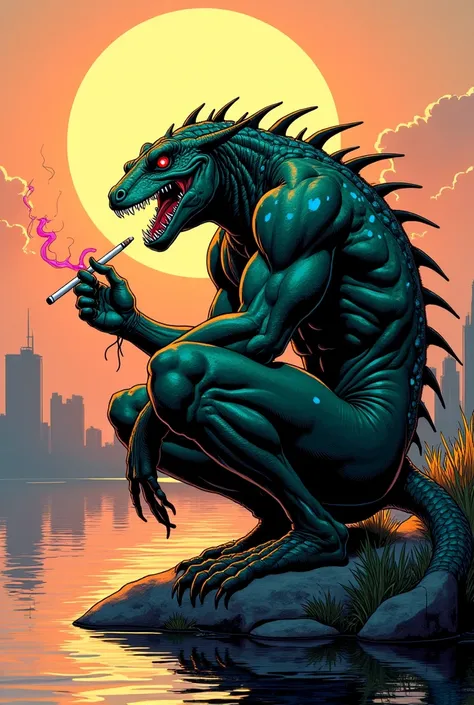 ((Masterpiece)), ((Ultra-detailed comic book illustration)), ((8K resolution)), BREAK.  
A **muscular amphibious humanoid warrior**, crouching on a rock, overlooking a calm **urban lake at sunset**. His **dark green, semi-reflective skin** is adorned with ...