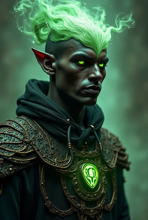 Black man, no nose, bright green eyes, ancient clothing, give me a picture.