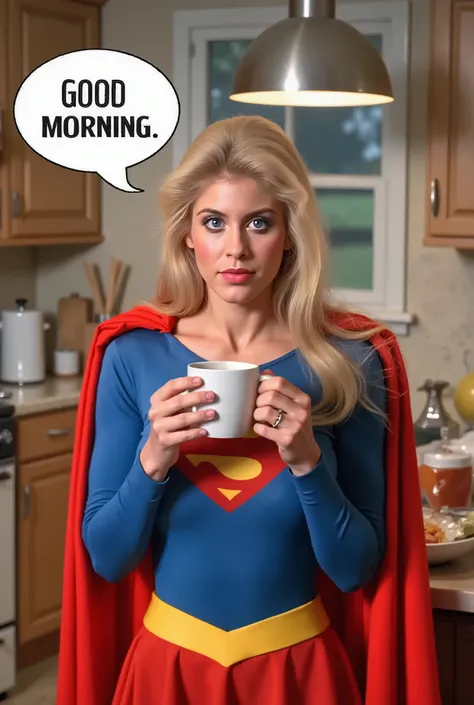 TEXT BUBBLE SAYING GOOD MORNING. BLUE EYES BLONDE HAIR (SUPERGIRL) A VERY SEXY HELEN SLATER AS SUPERGIRL WITH BLUE EYES AND LONG HAIR, WEARING A SUPERGIRL COSTUME AND CAPE. RICH 4K HIGH RES COLORS, 8K DETAILS. BLUE EYES. IN HER KITCHEN DRINKING COFFEE BEFO...