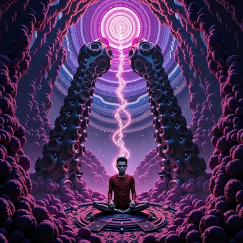 Psytrance Força da Ayahuasca musical album cover with speakers in the background, Multiverse, with purple and black tones, The character in the middle of the image must be a Mexican skull 