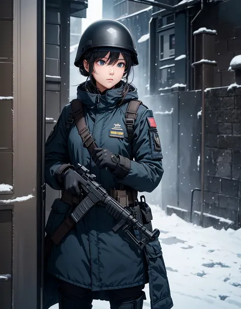 one female soldiers in DEEP Black blue thick coats、 Wear a helmet 、Standing guard at the front、Winter gloves ，Tactical shoulder strap、Magazine Pouch、 Holding a gun， Winter military base ， write details、 masterpiece、 are of the best quality 、High precision ...