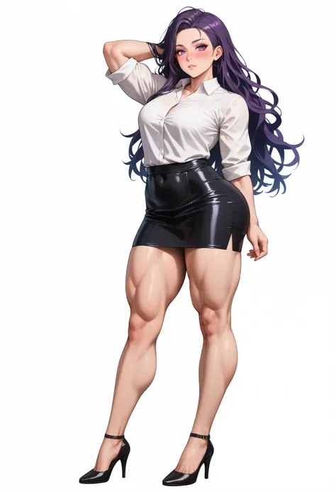 ((White background )) (masutepiece, Best Quality, High quality:1.4), (Curve:1.1), Long hair, lip stick, makeup, Ultra Detail Hair, ultra detail face, (Purple eyes:1.05), (blush:1.2), (Black tight skirt:1.3), (Long-sleeved white shirt:1.3), high-heels, tall...