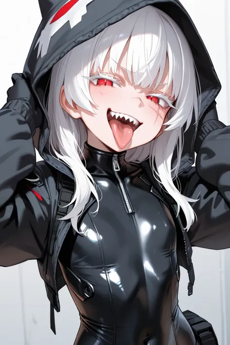 Sharp teeth, smug, mesugaki, tongue out, open mouth, jacket, black body suit, white hair, red eyes, white eyelashes, scar on face, tactical cloth, 1 girl, flat chest