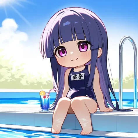 score_9, score_8_ up  , score_7_ up  BREAK source_anime, rating_ explicit, best quality , Masterpiece, No posts BREAK 
( chibi),  1girl , Alone, rika furude, long hair, bangs, blue hair, purple eyes, blunt bangs, purple hair
 BREAK
(( poolside)), summer,  ...