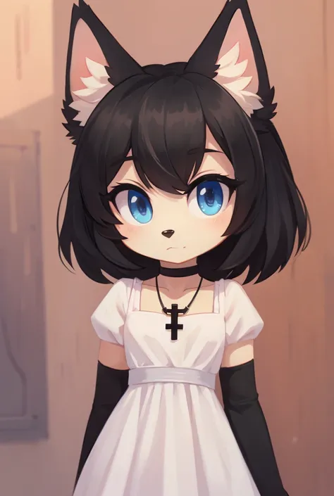 Furry with black hair, square, in a white cotton dress, with a cross pendant on the chest, in black ,  with blue eyes. 