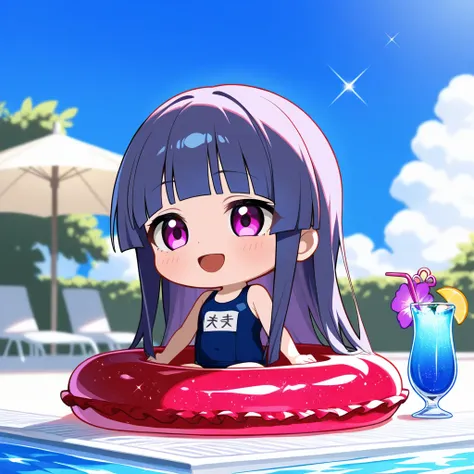 score_9, score_8_ up  , score_7_ up  BREAK source_anime, rating_ explicit, best quality , Masterpiece, No posts BREAK 
( chibi),  1girl , Alone, rika furude, long hair, bangs, blue hair, purple eyes, blunt bangs, purple hair
 BREAK
(( poolside)), summer,  ...