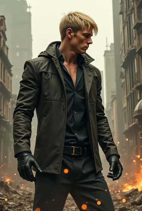 Make a strong man with short, straight hair with a blond shade Make him do him holding a building with both hands And make behind that man a villain shooting through the eyes And around the city make the city all destroyed in a post-apocalyptic setting