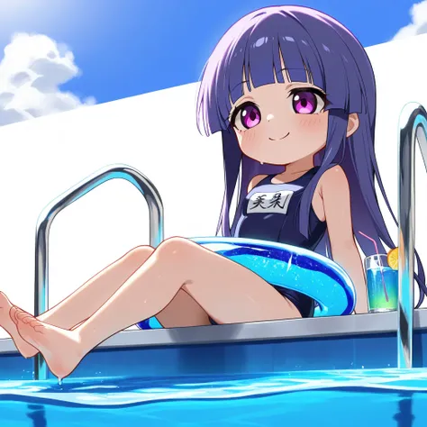 score_9, score_8_ up  , score_7_ up  BREAK source_anime, rating_ explicit, best quality , Masterpiece, No posts BREAK 
( chibi),  1girl , Alone, rika furude, long hair, bangs, blue hair, purple eyes, blunt bangs, purple hair
 BREAK
(( poolside)), summer,  ...