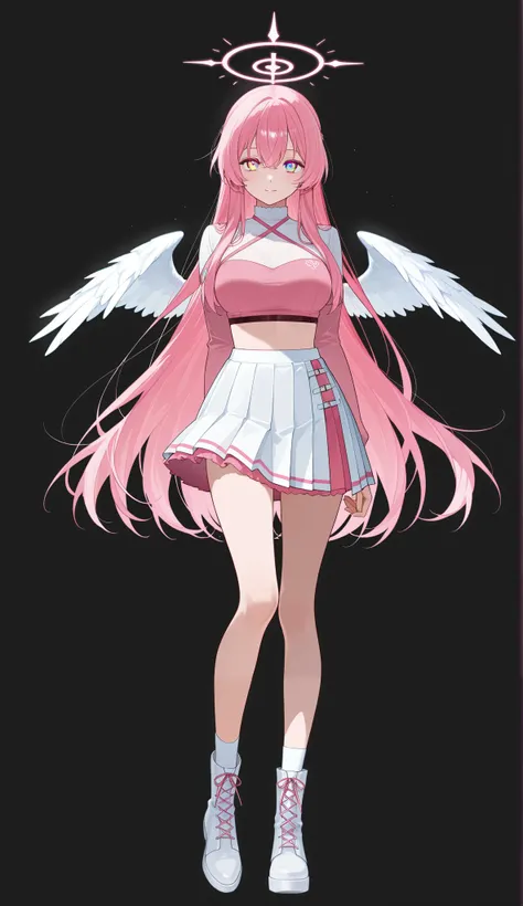 mature vtuber model, different color eyes, skirt + top combo pink and ivory very long hair