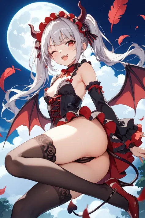  twin tails、 black pants with both hands、 Silver Hair、Devil Horns、Devil's Tail 、 small tits、 slippery、 plumpy、Breasts not big 、 small breasts、 gothic lolita costume 、 high knee socks、High heels、R18、night、moon、満moonが出ている、 red eyes、Devil Wink、black and red b...