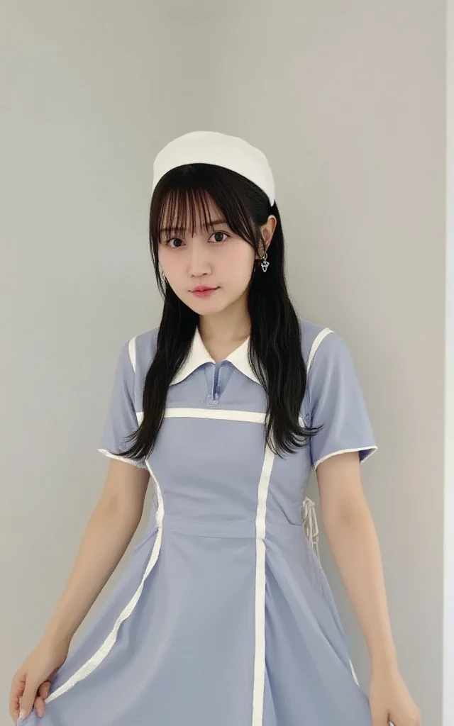 (( top quality with full nudity behind, 8k,  required items: 1.3)),  beauty,  a Japanese girl ,  Nurse, whole body,  perfect anatomy,  standing,   black hair, blunt bangs,  low ponytail, 20 years old,  focus on face ,  detailed face,  very detailed lips,  ...