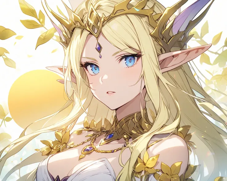 an elf queen , with blonde hair and blue eyes,  with white clothes with leaf details with gold flowers and a sun necklace 