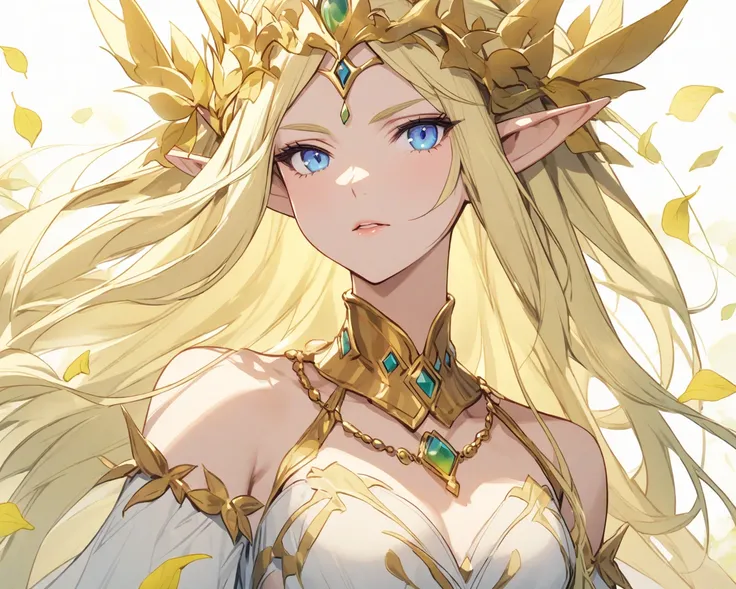 an elf queen , with blonde hair and blue eyes,  with white clothes with leaf details with gold flowers and a sun necklace 