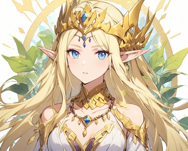 an elf queen , with blonde hair and blue eyes,  with white clothes with leaf details with gold flowers and a sun necklace 